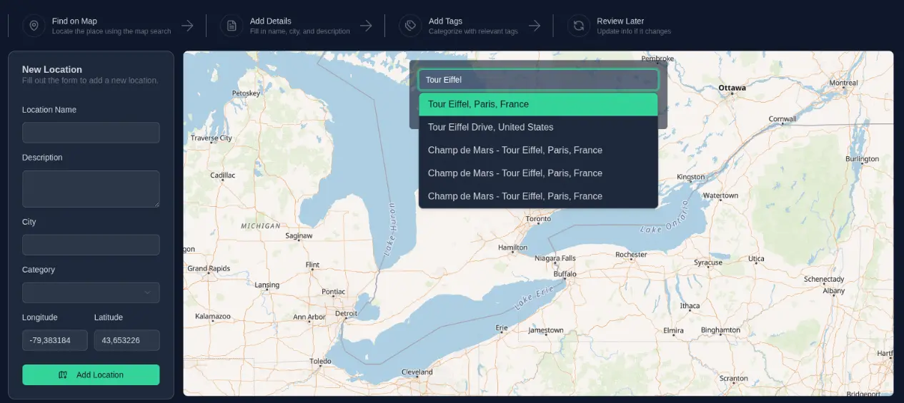 Malf Map interface preview showing the new location form and interactive map