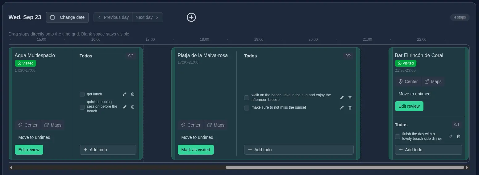 Malf Map trip planner timeline showing timed stops, todos, and an untimed slot